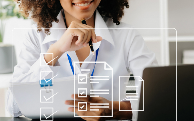 Woman smiling at form concept over laptop